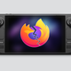 A Steam Deck screen shows the logo for the Firefox web browser cracked in half.